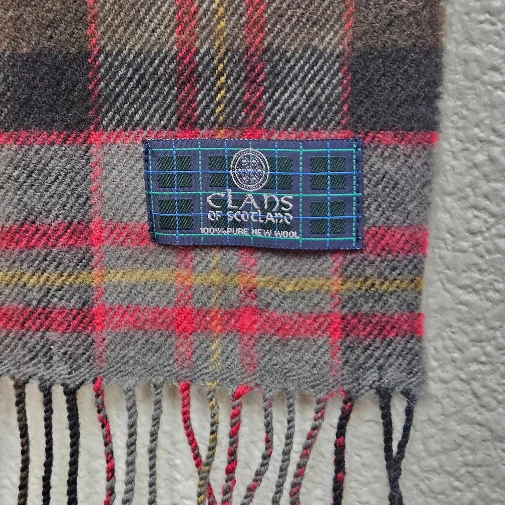 Clans of Scotland Scarf Red Grey Plaid Pure New Wool Fringe Tartan Preppy